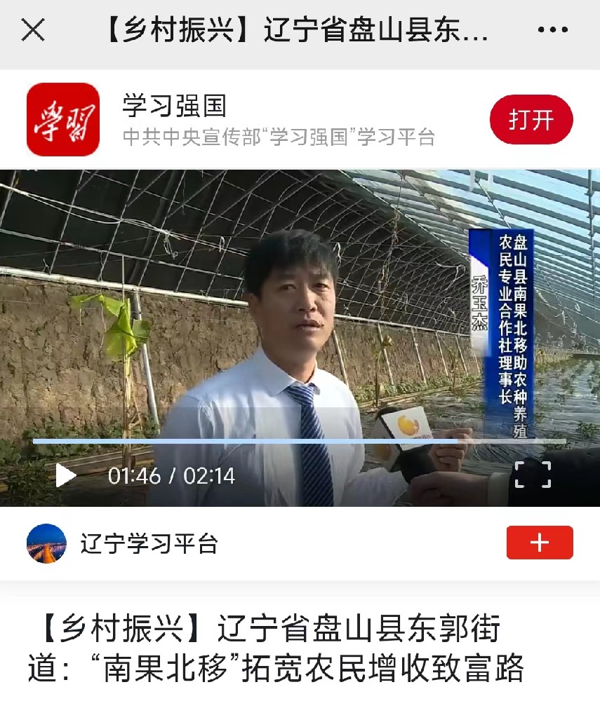 中宣部学习强国平台报道四系农业南果北移项目落地辽宁盘山县